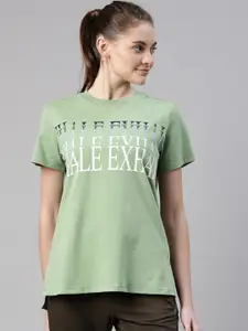 Enamor Women Green Typography Printed Antimicrobial Raw Edge T-shirt