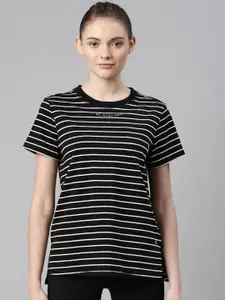Enamor Women Black Striped Monochrome Antimicrobial T-shirt