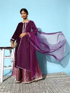 Libas Women Purple Yoke Design Velvet Kurta with Skirt & With Dupatta