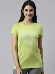 Enamor Women Green Printed Cotton Lounge Tshirt