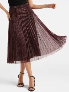 Forever New Women Maroon Solid Accordion Pleated Flared Midi Skirt