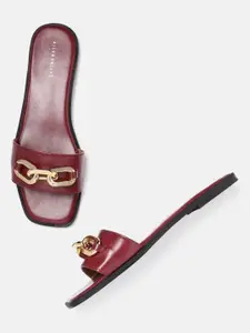 Allen Solly Women Maroon Solid Open Toe Flats with Chain Detail Upper