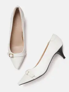 Allen Solly White Solid Kitten Pointed Toe Pumps with Buckles Detail