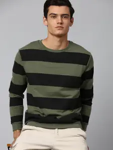 Dennis Lingo Men Olive Green and Black Striped Sweatshirt