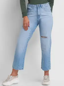 SPYKAR Women Blue Straight Fit High-Rise Slash Knee Heavy Fade Jeans