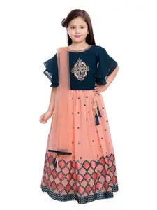 Tiny Kingdom Girls Blue & Pink Embroidered Mirror Work Ready to Wear Lehenga & Blouse With Dupatta