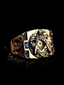 Yellow Chimes Men Gold-Toned & Blue Antique AG Masonic Logo Stainless Steel Finger Ring