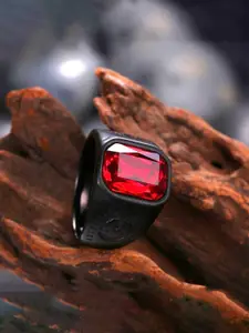 Yellow Chimes Men Black & Red Stainless Steel Rhodium Plated Square Stone Finger Ring