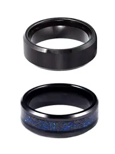 Yellow Chimes Men Set Of 2 Black Rhodium-Plated Stainless Steel Finger Rings