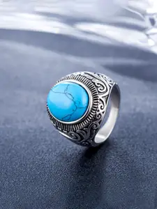 Yellow Chimes Men Silver-Plated Blue Stone Stainless Steel Studded Oxidized Ring