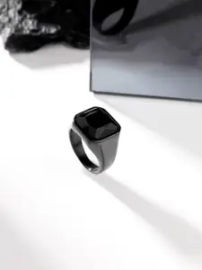 Yellow Chimes Men Black Stainless Steel Square Stone Finger Ring