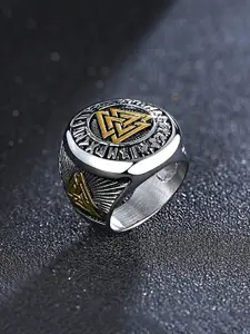 Yellow Chimes Men Stainless Steel Rhodium-Plated Gold & Silver-Toned Finger Ring