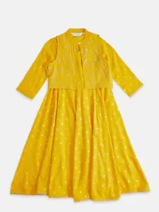 AKKRITI BY PANTALOONS Yellow Floral Embroidered Dress with Jacket