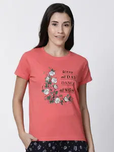 Kryptic Women Coral Pink Printed Pure Cotton Lounge T-shirt