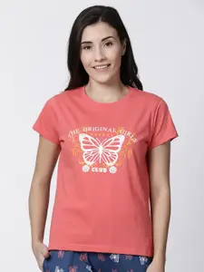 Kryptic Women Coral Typography Printed Lounge T-shirt