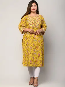 Swasti Women Plus Size Yellow Floral Printed Regular Sleeves Straight Kurta