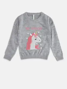 Pantaloons Junior Girls Grey Melange & Pink Pullover