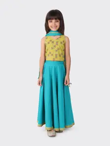 Fabindia Girls Yellow & Blue Printed Ready to Wear Lehenga & Blouse With Dupatta