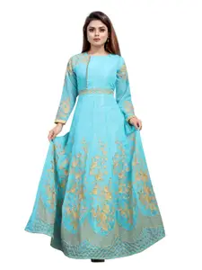 APNISHA Women Teal Floral Embroidered Net Ethnic Maxi Dress