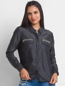 SPYKAR Women Black Satin Casual Shirt