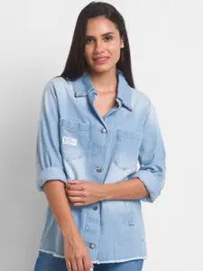 SPYKAR Women Blue Cotton Faded Casual Shirt