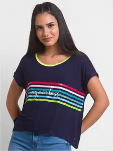 SPYKAR Women Blue Printed Extended Sleeves T-shirt