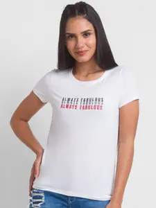 SPYKAR Women White Typography Printed T-shirt