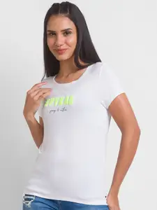 SPYKAR Women White Typography Printed Slim Fit T-shirt