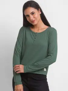 Spykar Dusty Green Cotton Blend Full Sleeve Plain Casual T-Shirt For Women