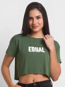 SPYKAR Women Green Typography Printed Slim Fit T-shirt