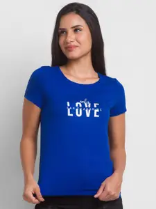 Spykar Marine Blue Cotton Blend Half Sleeve Printed Casual T-Shirt For Women