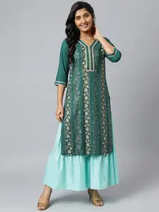Aurelia Women Green Floral Foil Print Ethnic Liva Kurta
