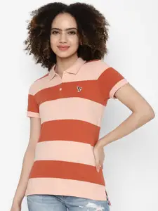 AMERICAN EAGLE OUTFITTERS Women Rust & Peach-Coloured Striped Polo Collar T-shirt