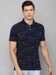 Louis Philippe Jeans Men Navy Blue Printed Polo Collar Slim Fit Pure Cotton T-shirt