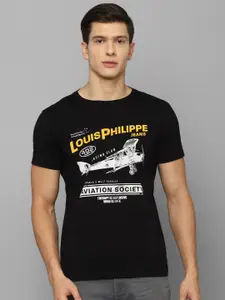 Louis Philippe Jeans Men Black Typography Printed Slim Fit T-shirt