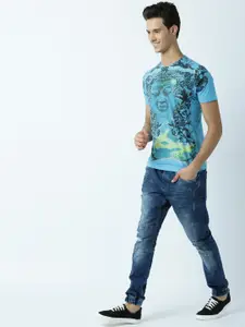 Huetrap Men Blue Printed Round Neck T-shirt