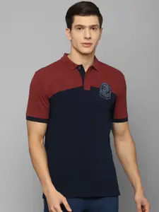 Louis Philippe Sport Men Navy Blue & Maroon Colourblocked Polo Collar Slim Fit Cotton T-shirt
