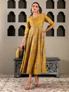 W Mustard Yellow & Silver-Toned Ethnic Motifs Ethnic Maxi Dress