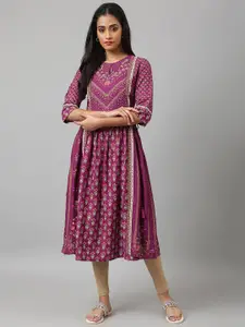 W Purple & Pink Floral Keyhole Neck Chiffon Ethnic A-Line Midi Dress