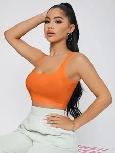 Uptownie Lite Women Orange Stretchable Round Neck Sleeveless Crop Top
