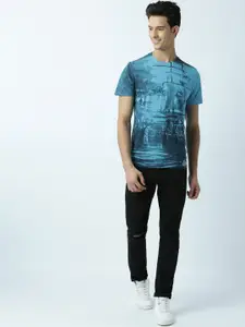 Huetrap Men Turquoise Blue Printed Round Neck T-shirt