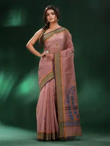 Charukriti Pink & Olive Green Woven Design Pure Cotton Saree