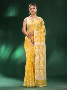 Charukriti Yellow & White Woven Design Silk Cotton Jamdani Saree