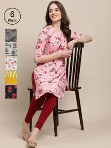7Threads Women Black And Red Floral Printed Crepe Kurta [PACK OF 6]