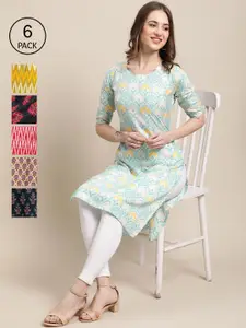 7Threads Women Red & Blue Pack Of 6 Geometric Printed Block Print Crepe Kurta