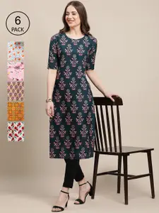 7Threads Pack of 6 Women Multicoloured & Green Floral Printed Crepe Kurta