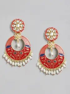 Golden Peacock Red & White Crescent Shaped Chandbalis Earrings