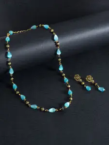 Golden Peacock Women Turquoise Blue & Black Beaded Necklace & Earrings
