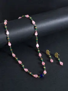Golden Peacock Women Pink & Green Beaded Necklace & Earrings