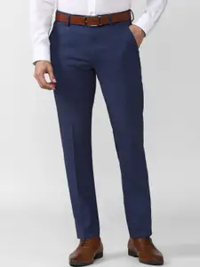 Peter England Men Navy Blue Checked Slim Fit Trousers